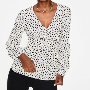 Boden Elsie Polka Dot Peplum Top 12 White Navy Blue Long Sleeve Blouse Retro